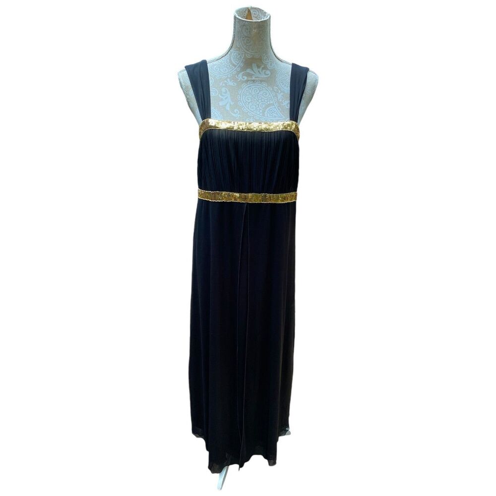 Nikki Mae Black Gold Sequined Empire Waist Evening Prom Maxi Dress Size 20